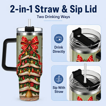 #pl[40oz|Black] Christmas Book Tree Handled Tumbler, 40oz Stainless Steel for Readers