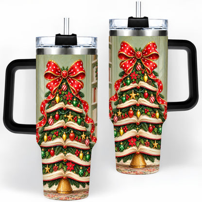 #pl[40oz|Black] Christmas Book Tree Handled Tumbler, 40oz Stainless Steel for Readers