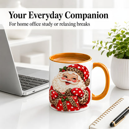 #pl[11oz|Orange] Leopard Print Santa Accent Mug, Ceramic Cup with Christmas Art