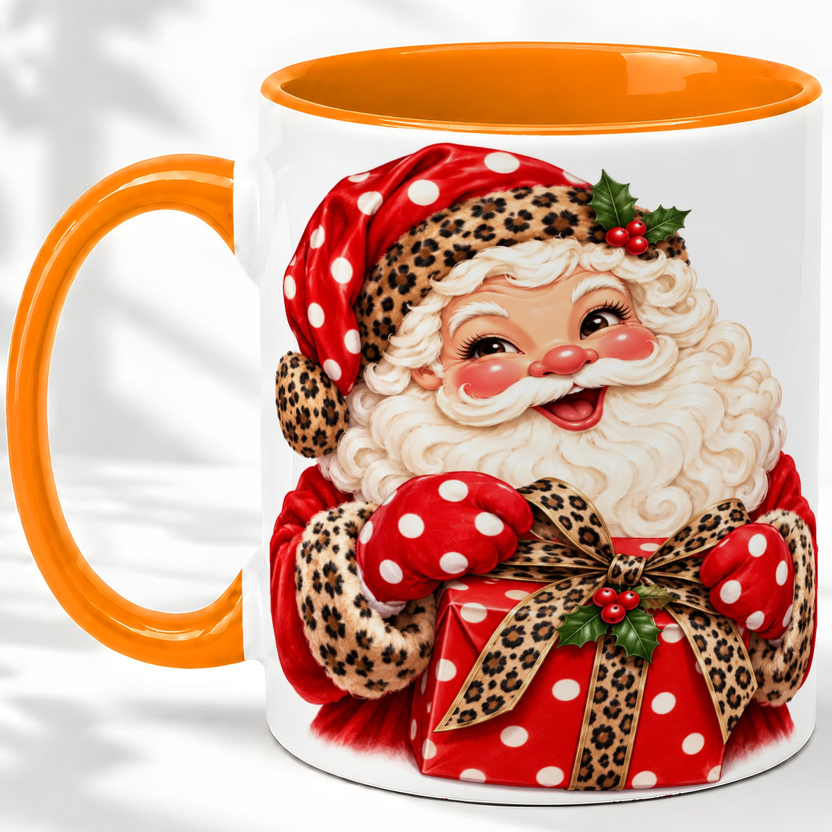 #pl[11oz|Orange] Leopard Print Santa Accent Mug, Ceramic Cup with Christmas Art