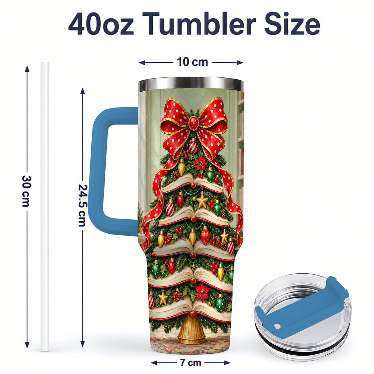 #pl[40oz|Blue] Christmas Book Tree Handled Tumbler, 40oz Stainless Steel for Readers