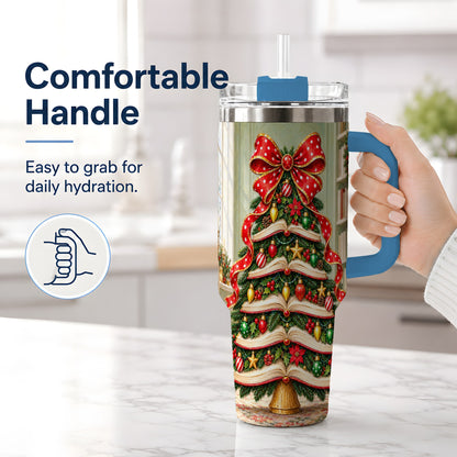 #pl[40oz|Blue] Christmas Book Tree Handled Tumbler, 40oz Stainless Steel for Readers
