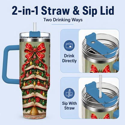 #pl[40oz|Blue] Christmas Book Tree Handled Tumbler, 40oz Stainless Steel for Readers