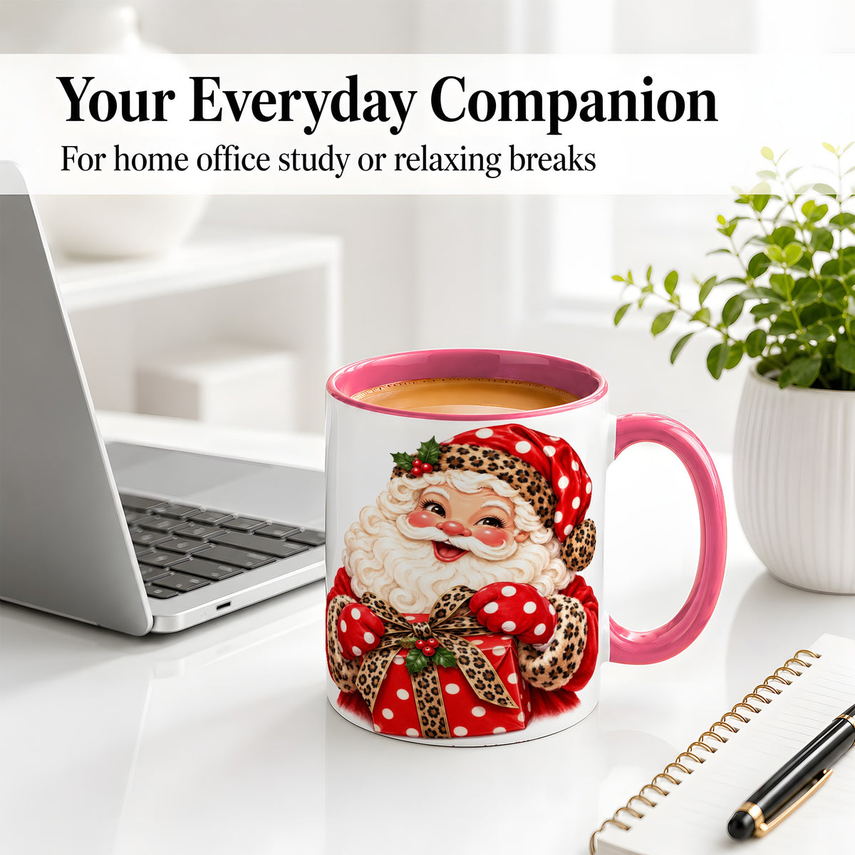 #pl[11oz|Pink] Leopard Print Santa Accent Mug, Ceramic Cup with Christmas Art