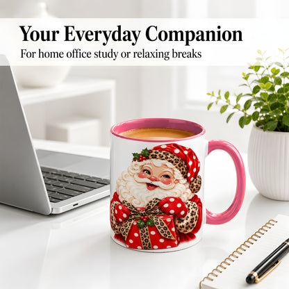 #pl[11oz|Pink] Leopard Print Santa Accent Mug, Ceramic Cup with Christmas Art