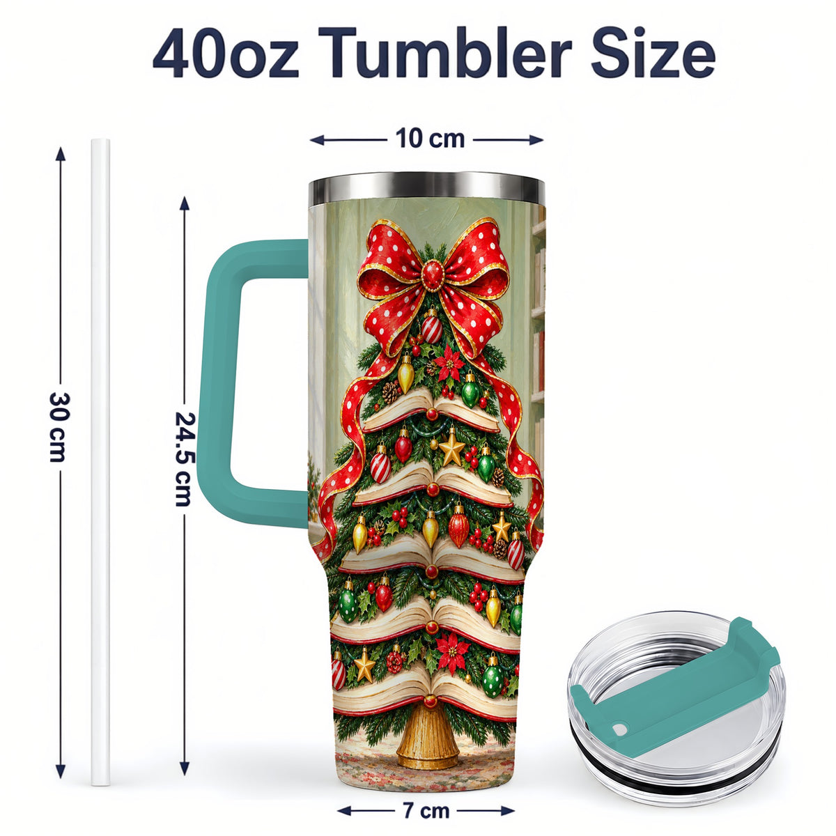 #pl[40oz|Green] Christmas Book Tree Handled Tumbler, 40oz Stainless Steel for Readers