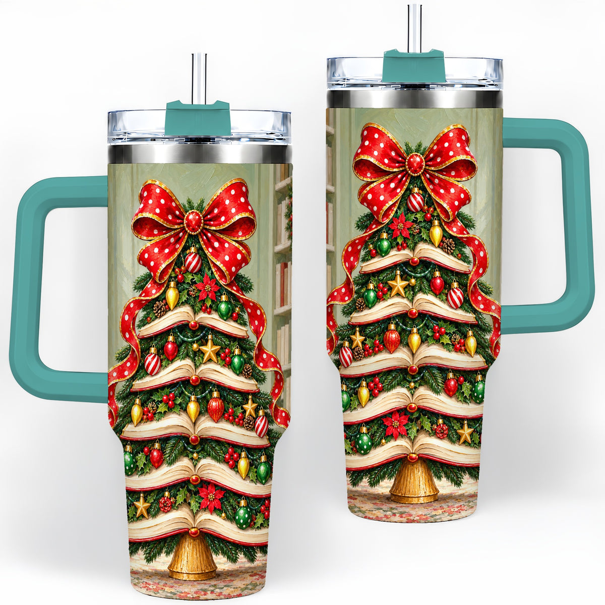 #pl[40oz|Green] Christmas Book Tree Handled Tumbler, 40oz Stainless Steel for Readers