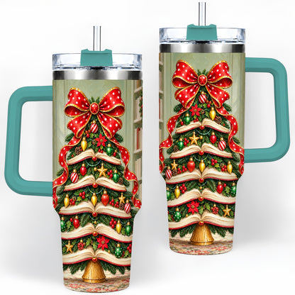 #pl[40oz|Green] Christmas Book Tree Handled Tumbler, 40oz Stainless Steel for Readers
