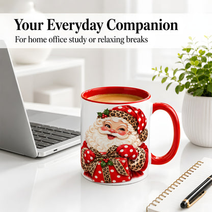 #pl[11oz|Red] Leopard Print Santa Accent Mug, Ceramic Cup with Christmas Art