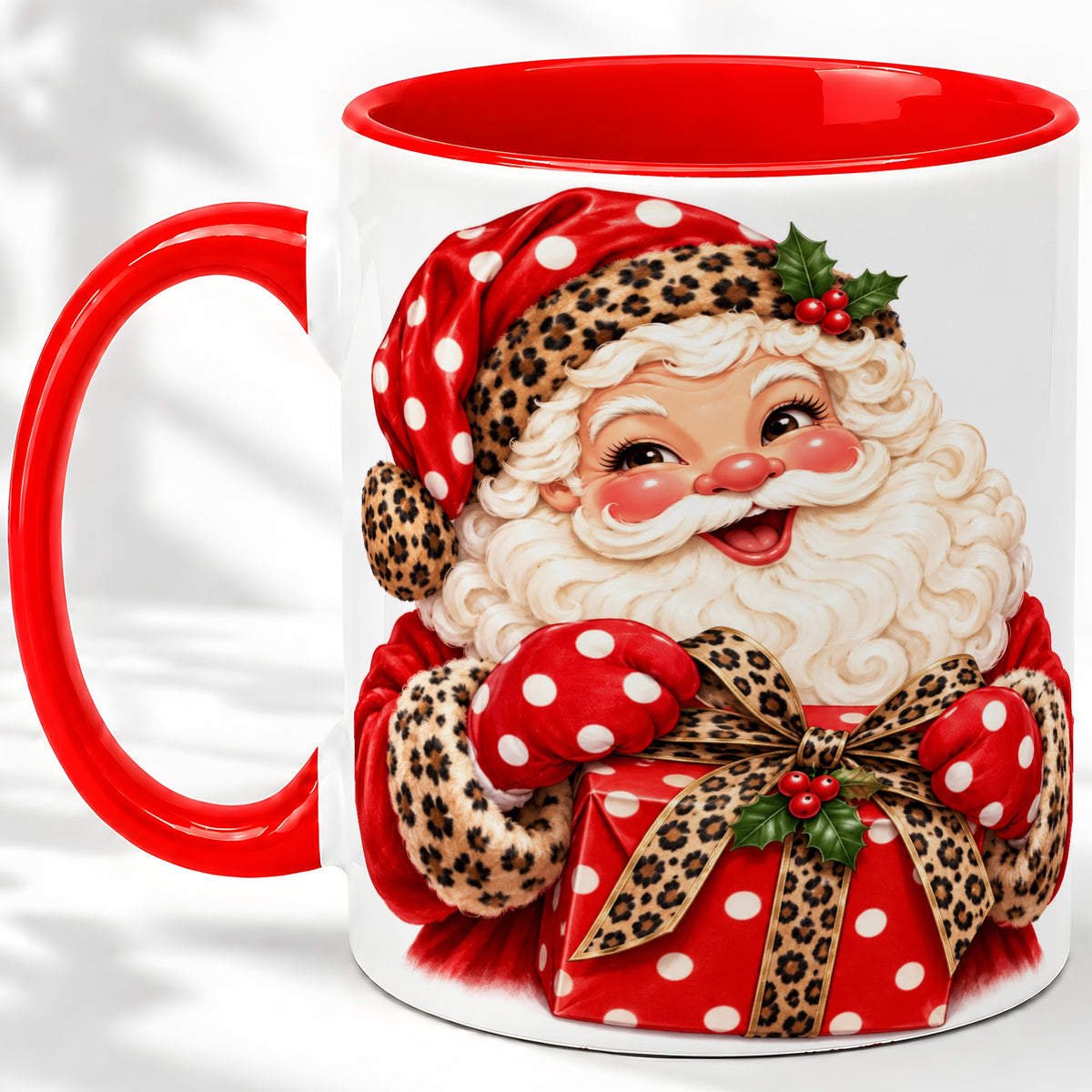 Leopard Print Santa Accent Mug, Ceramic Cup with Christmas Art