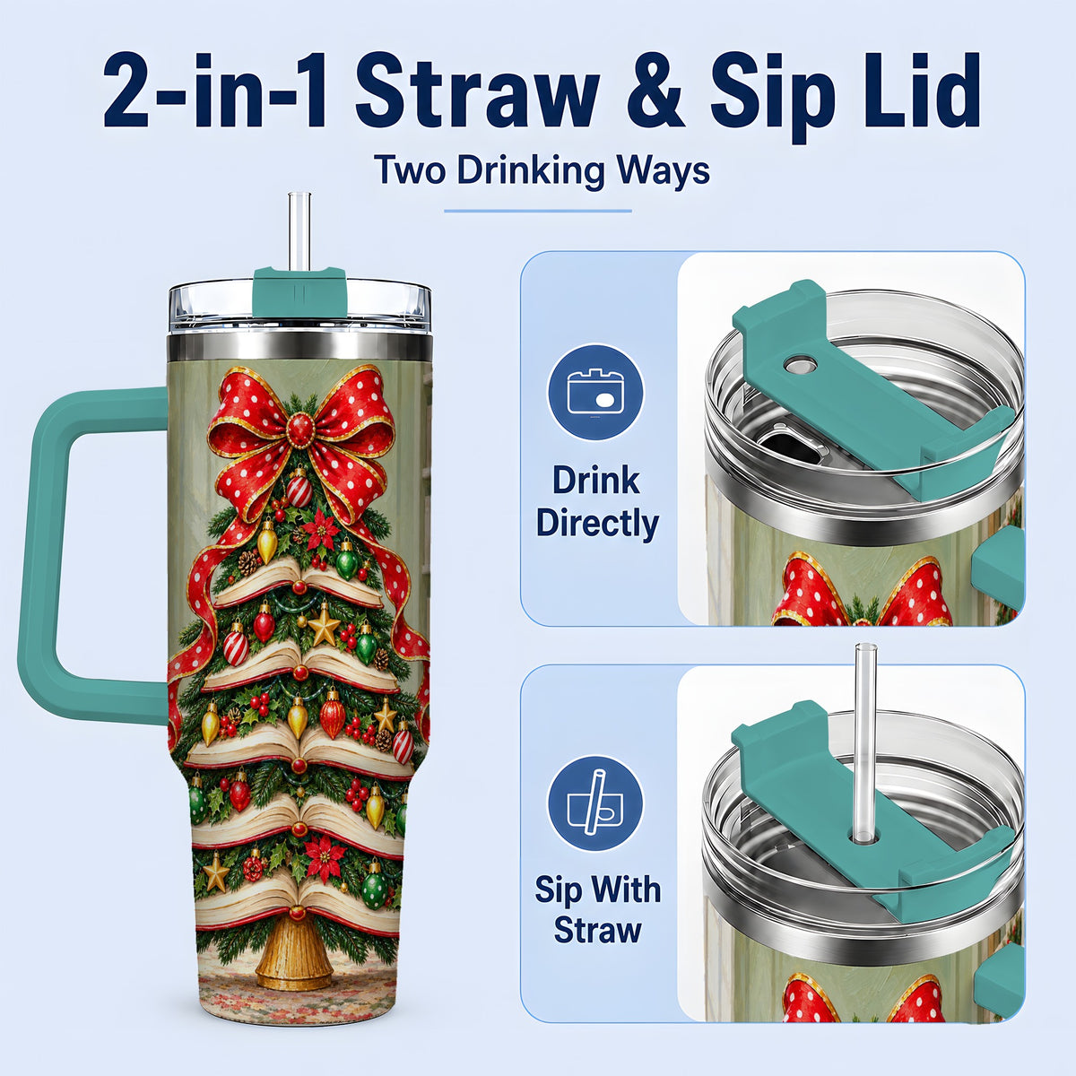 #pl[40oz|Green] Christmas Book Tree Handled Tumbler, 40oz Stainless Steel for Readers