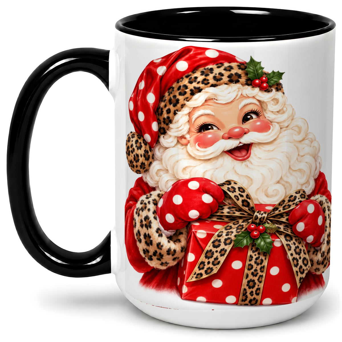 #pl[15oz|Black] Leopard Print Santa Accent Mug, Ceramic Cup with Christmas Art