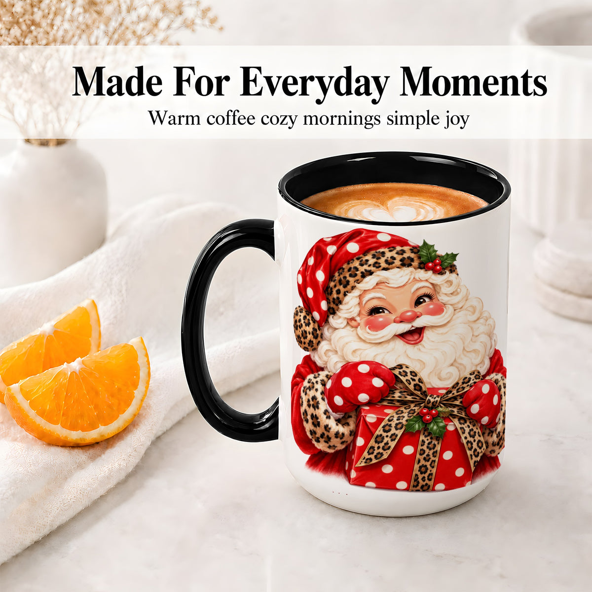 #pl[15oz|Black] Leopard Print Santa Accent Mug, Ceramic Cup with Christmas Art