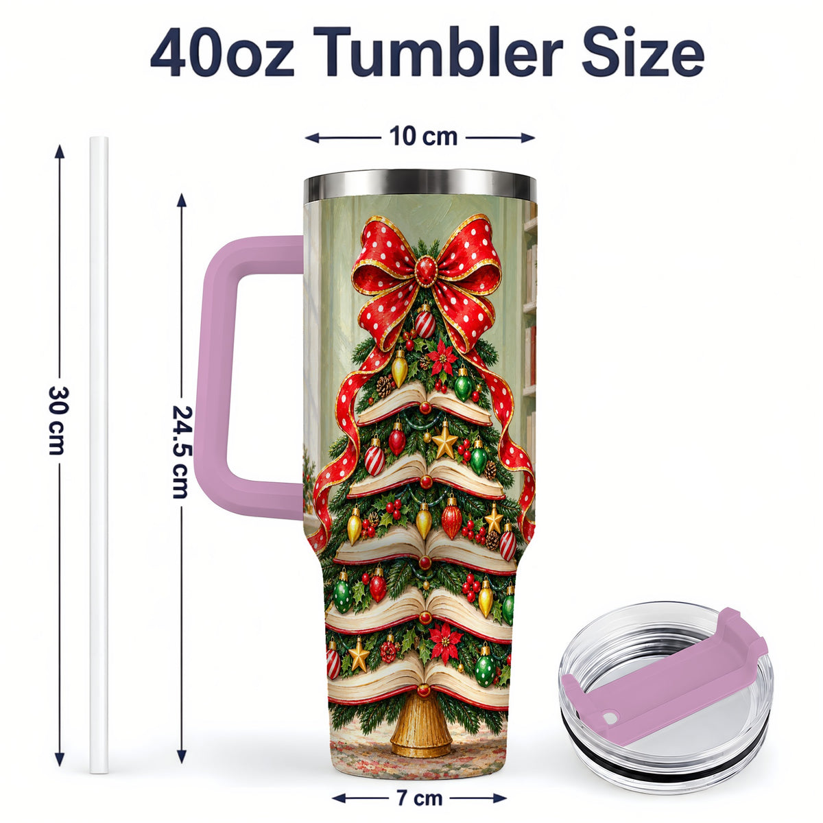 #pl[40oz|Pink] Christmas Book Tree Handled Tumbler, 40oz Stainless Steel for Readers