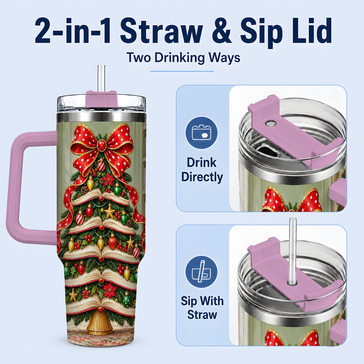 #pl[40oz|Pink] Christmas Book Tree Handled Tumbler, 40oz Stainless Steel for Readers