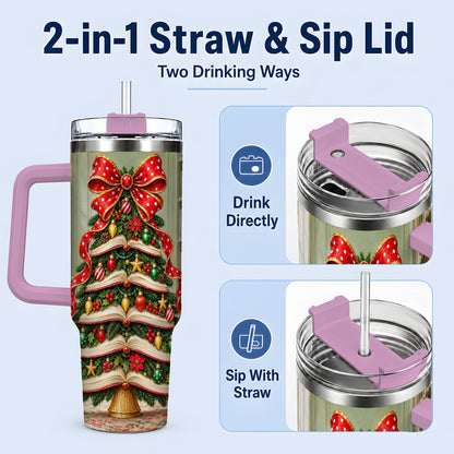 #pl[40oz|Pink] Christmas Book Tree Handled Tumbler, 40oz Stainless Steel for Readers
