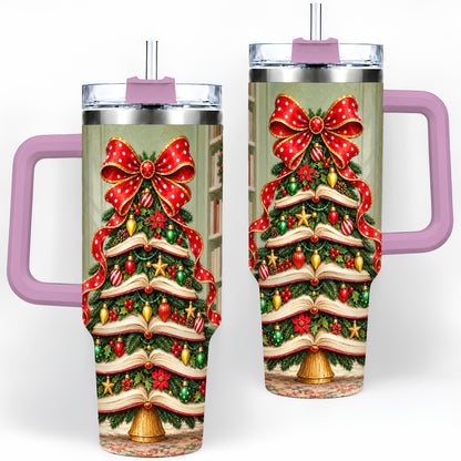 #pl[40oz|Pink] Christmas Book Tree Handled Tumbler, 40oz Stainless Steel for Readers