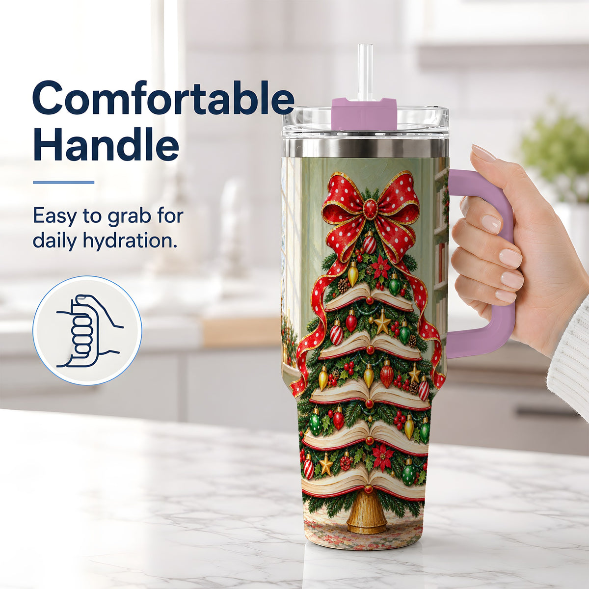 #pl[40oz|Pink] Christmas Book Tree Handled Tumbler, 40oz Stainless Steel for Readers