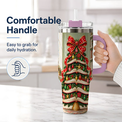 #pl[40oz|Pink] Christmas Book Tree Handled Tumbler, 40oz Stainless Steel for Readers