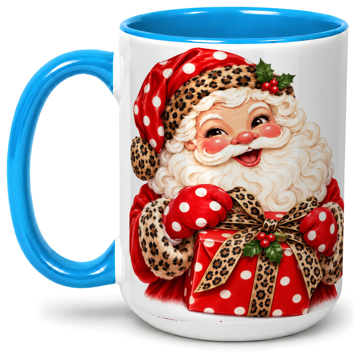 #pl[15oz|Blue] Leopard Print Santa Accent Mug, Ceramic Cup with Christmas Art