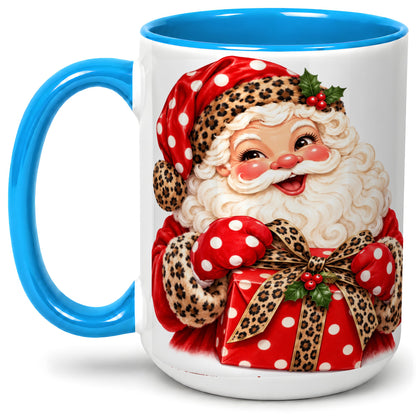 #pl[15oz|Blue] Leopard Print Santa Accent Mug, Ceramic Cup with Christmas Art