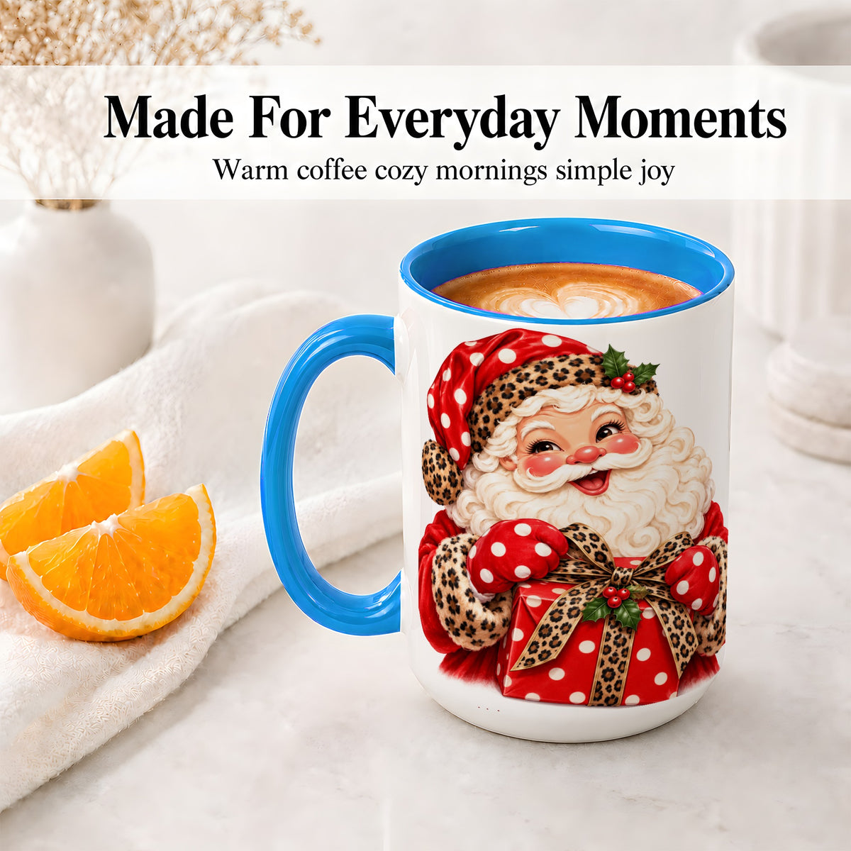 #pl[15oz|Blue] Leopard Print Santa Accent Mug, Ceramic Cup with Christmas Art