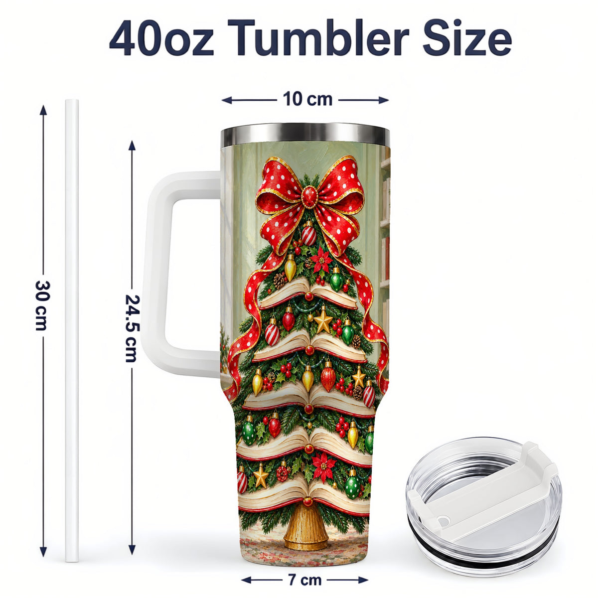 #pl[40oz|White] Christmas Book Tree Handled Tumbler, 40oz Stainless Steel for Readers