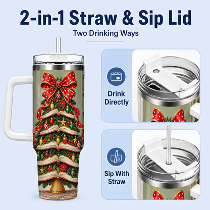#pl[40oz|White] Christmas Book Tree Handled Tumbler, 40oz Stainless Steel for Readers