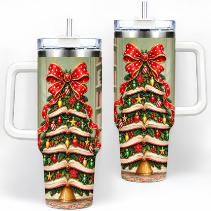 Christmas Book Tree Handled Tumbler, 40oz Stainless Steel for Readers