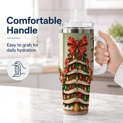 #pl[40oz|White] Christmas Book Tree Handled Tumbler, 40oz Stainless Steel for Readers