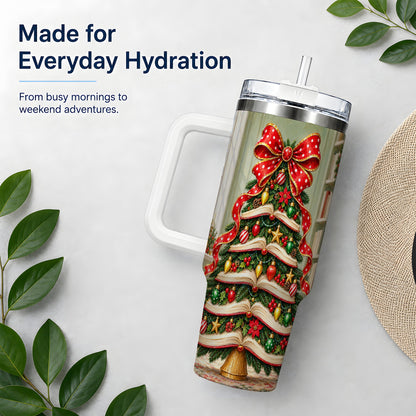 Christmas Book Tree Handled Tumbler, 40oz Stainless Steel for Readers