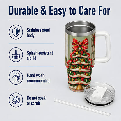 Christmas Book Tree Handled Tumbler, 40oz Stainless Steel for Readers