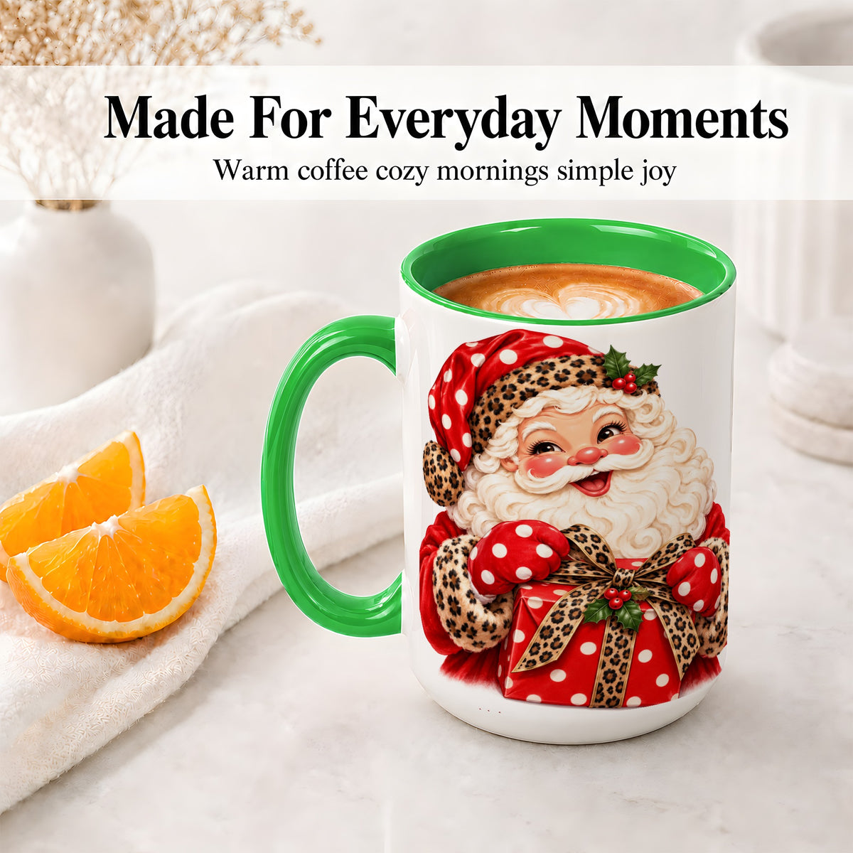 #pl[15oz|Green] Leopard Print Santa Accent Mug, Ceramic Cup with Christmas Art