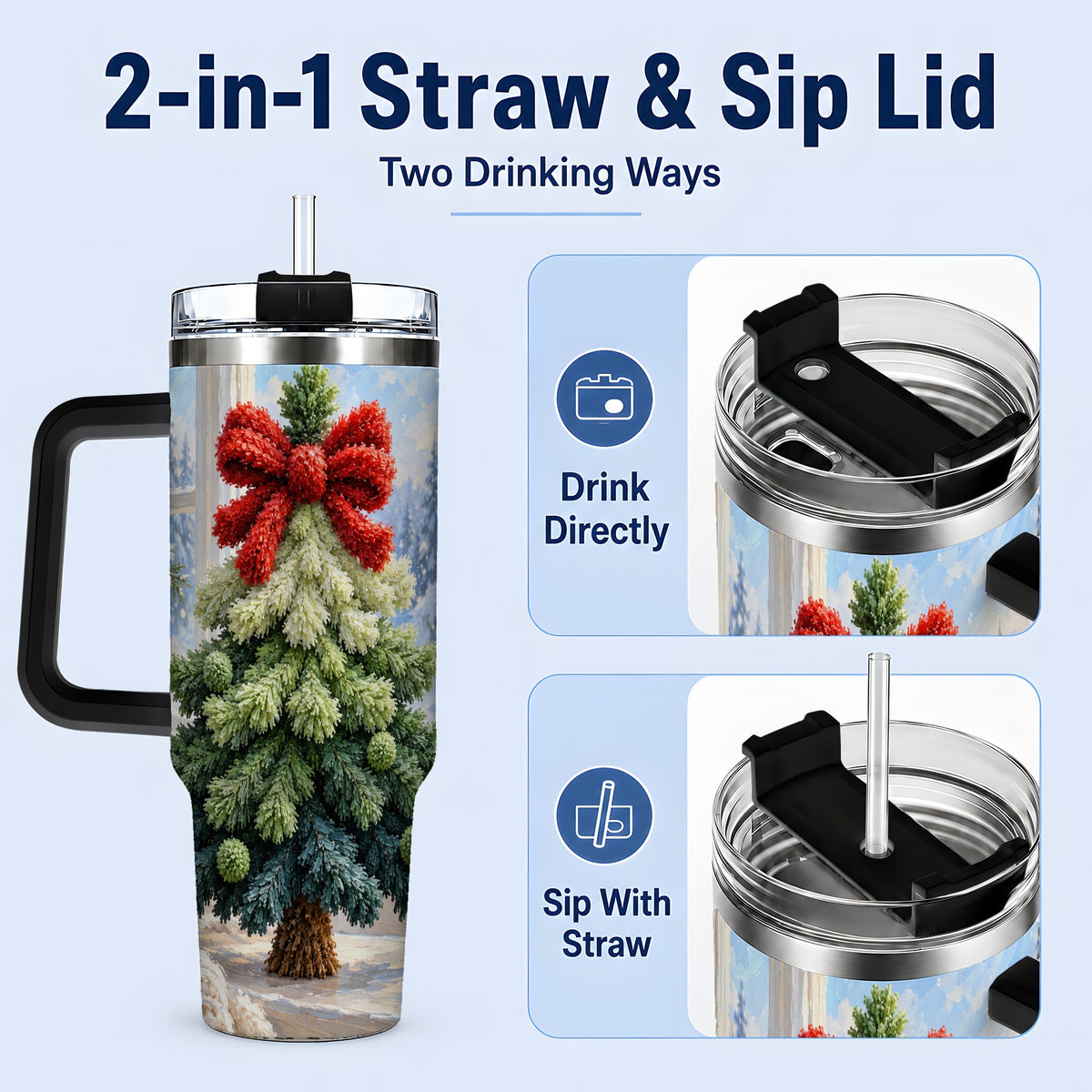 #pl[40oz|Black] Christmas Tree Handled Tumbler, 40oz Stainless Steel Winter Drinkware