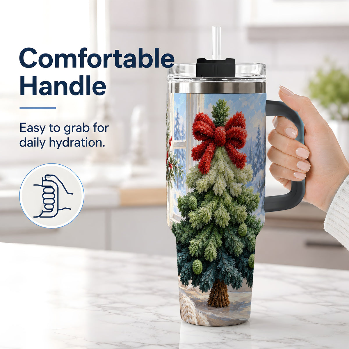 #pl[40oz|Black] Christmas Tree Handled Tumbler, 40oz Stainless Steel Winter Drinkware