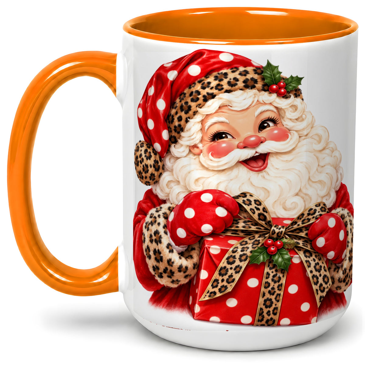 #pl[15oz|Orange] Leopard Print Santa Accent Mug, Ceramic Cup with Christmas Art