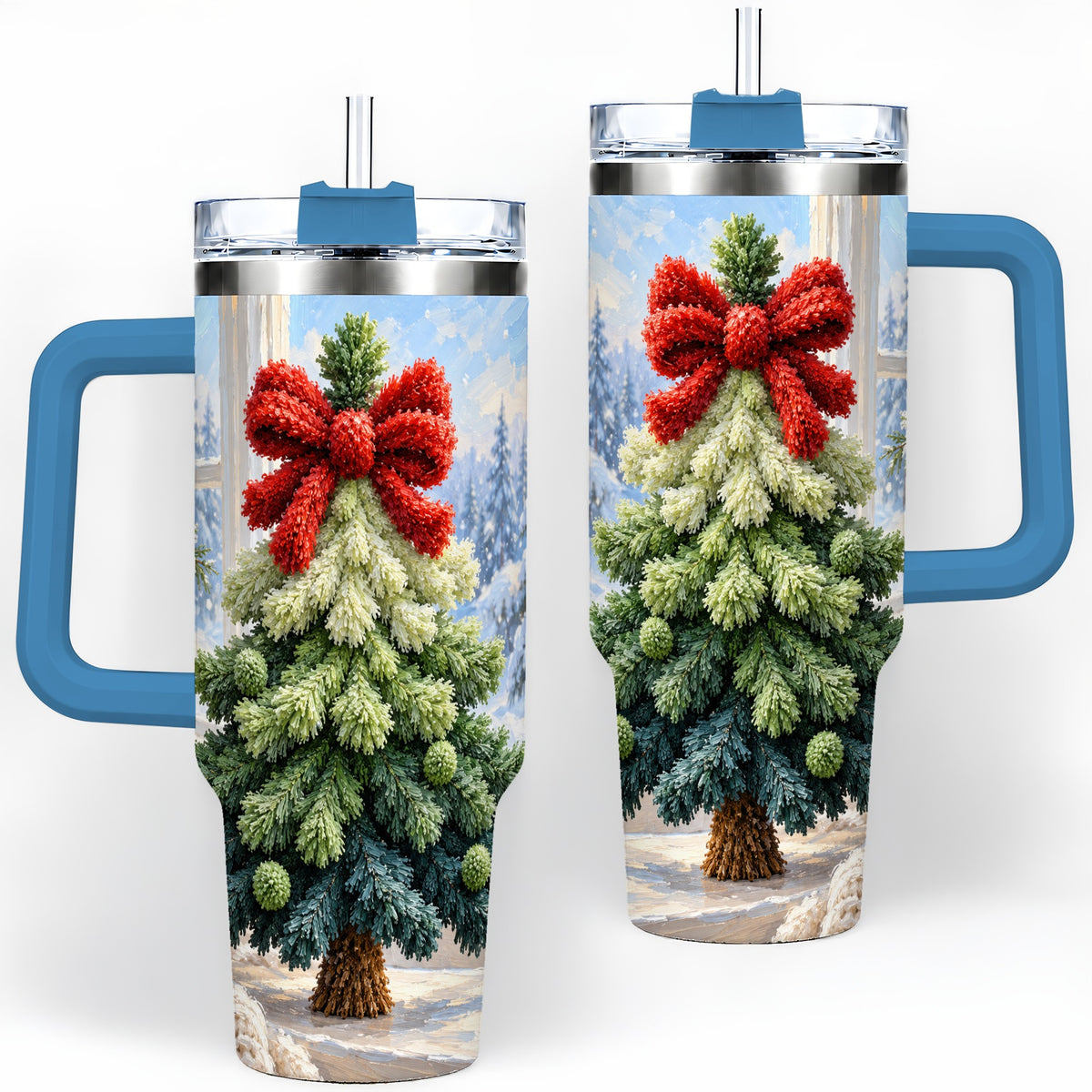 #pl[40oz|Blue] Christmas Tree Handled Tumbler, 40oz Stainless Steel Winter Drinkware