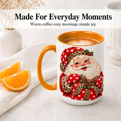 #pl[15oz|Orange] Leopard Print Santa Accent Mug, Ceramic Cup with Christmas Art