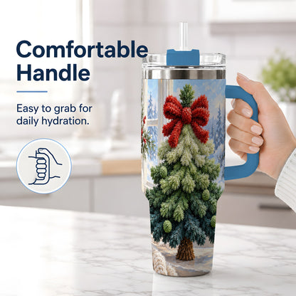#pl[40oz|Blue] Christmas Tree Handled Tumbler, 40oz Stainless Steel Winter Drinkware