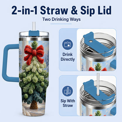 #pl[40oz|Blue] Christmas Tree Handled Tumbler, 40oz Stainless Steel Winter Drinkware