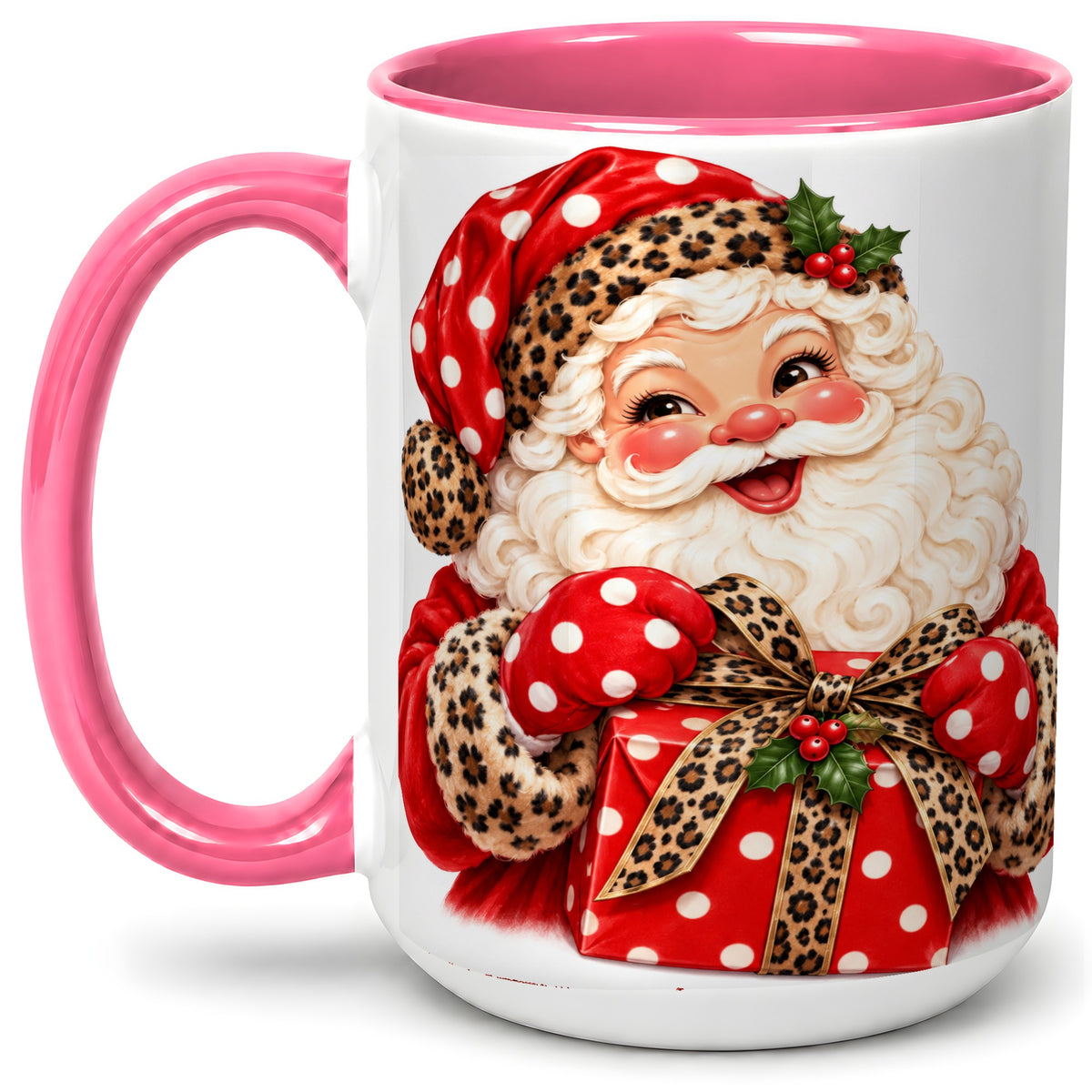 #pl[15oz|Pink] Leopard Print Santa Accent Mug, Ceramic Cup with Christmas Art