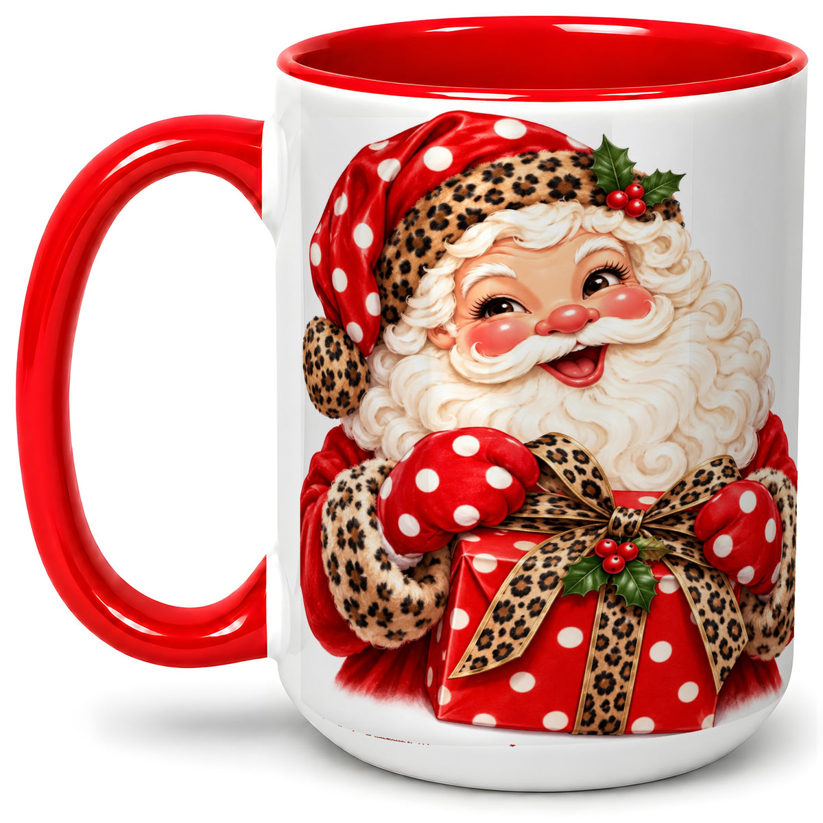 #pl[15oz|Red] Leopard Print Santa Accent Mug, Ceramic Cup with Christmas Art