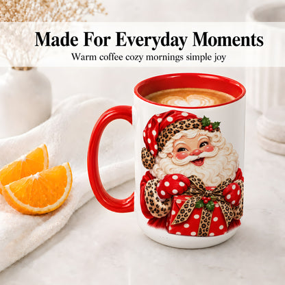 #pl[15oz|Red] Leopard Print Santa Accent Mug, Ceramic Cup with Christmas Art