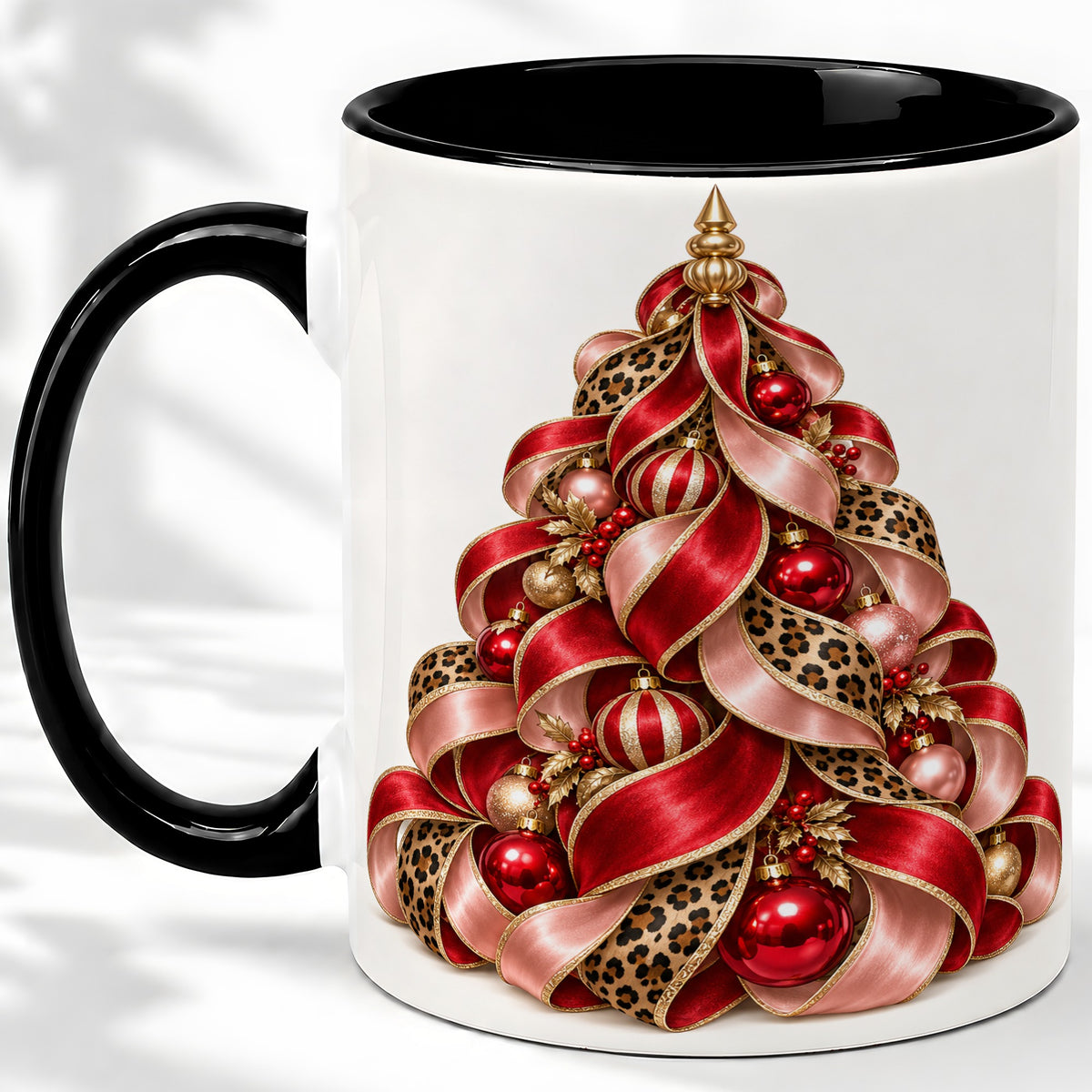 #pl[11oz|Black] Leopard Ribbon Christmas Tree Accent Mug, Ceramic Cup with Bow Art