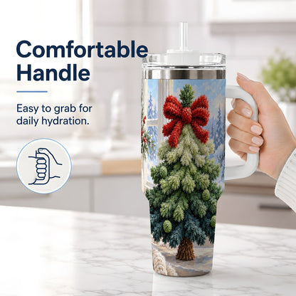 #pl[40oz|White] Christmas Tree Handled Tumbler, 40oz Stainless Steel Winter Drinkware