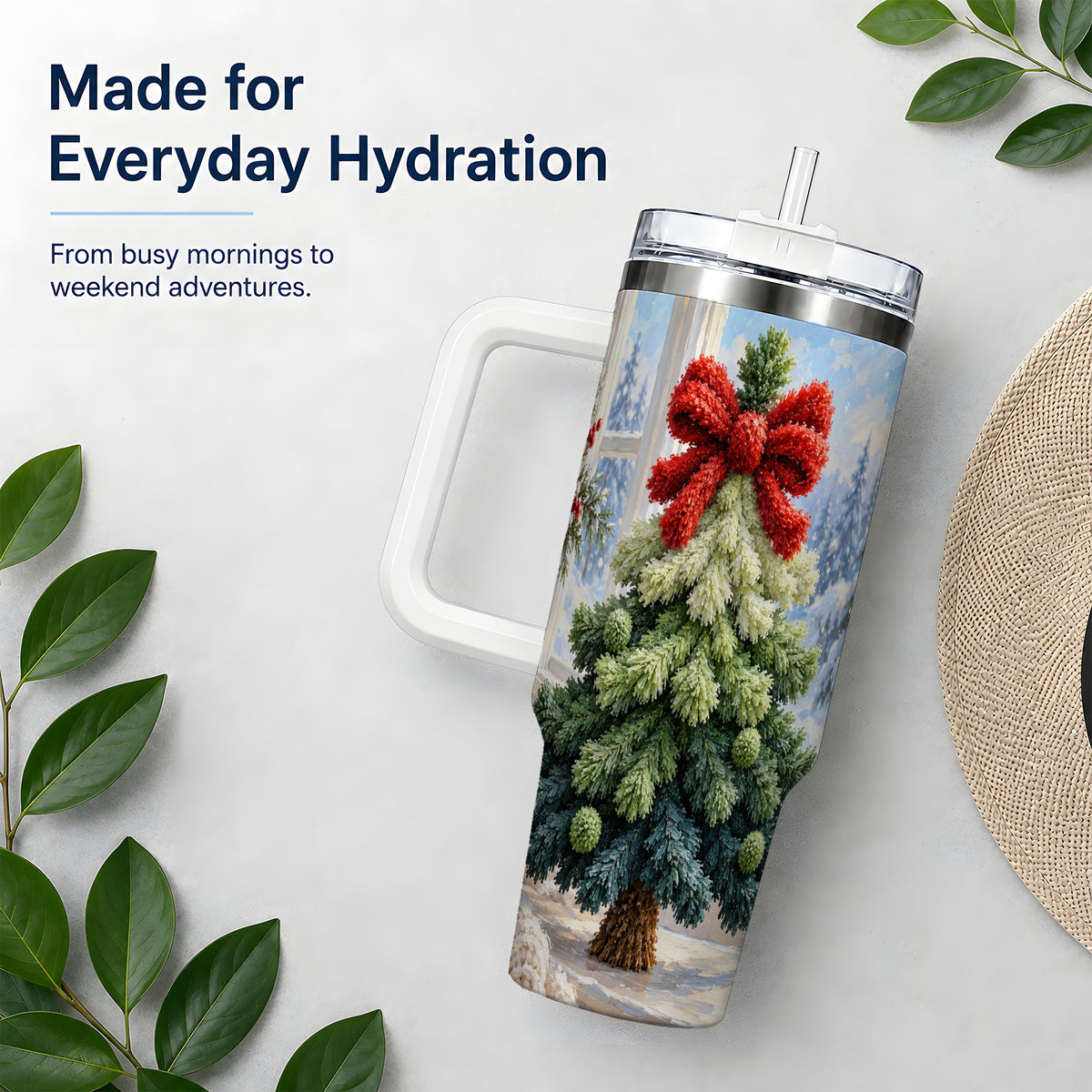 Christmas Tree Handled Tumbler, 40oz Stainless Steel Winter Drinkware