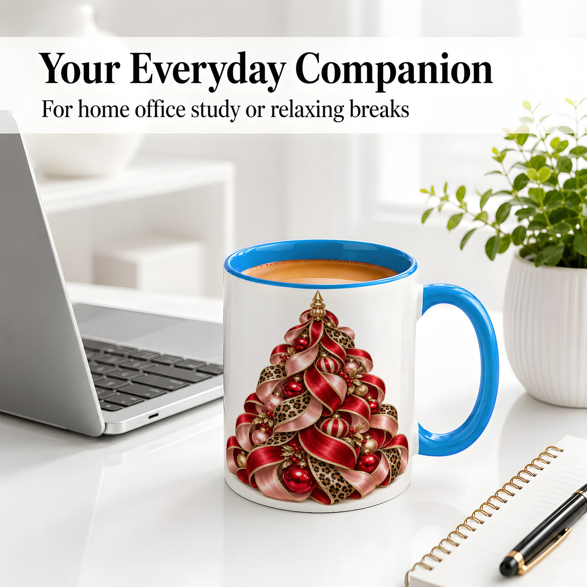 #pl[11oz|Blue] Leopard Ribbon Christmas Tree Accent Mug, Ceramic Cup with Bow Art