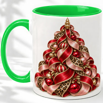 #pl[11oz|Green] Leopard Ribbon Christmas Tree Accent Mug, Ceramic Cup with Bow Art