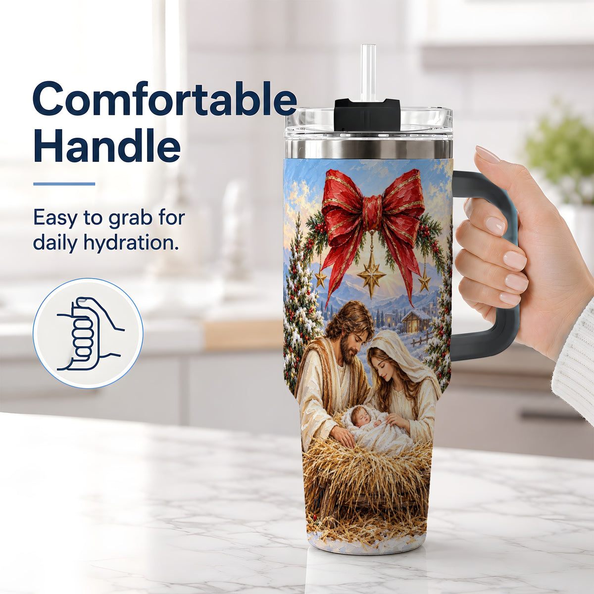 #pl[40oz|Black] Christmas Nativity Handled Tumbler, 40oz Stainless Steel Drinkware