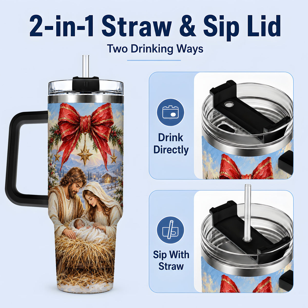 #pl[40oz|Black] Christmas Nativity Handled Tumbler, 40oz Stainless Steel Drinkware